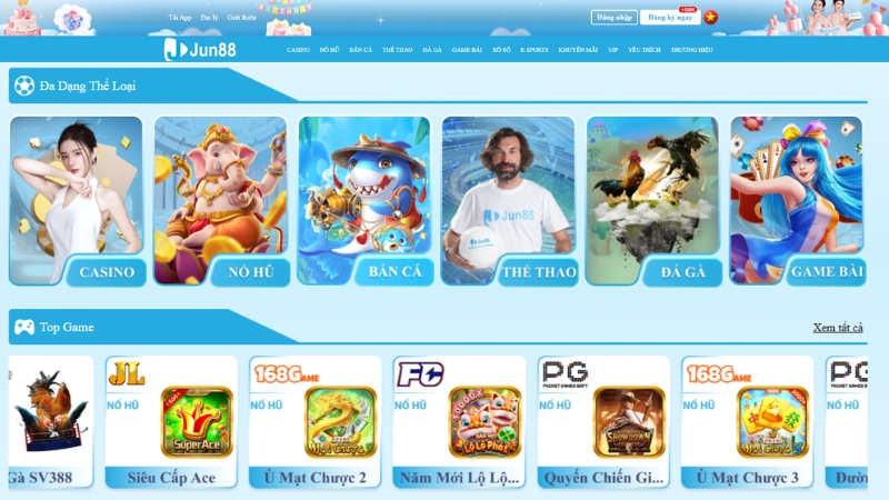 Kho game cá cược JUN88 đa dạng với thể thao, casino, nổ hũ và bắn cá